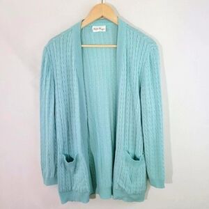 VTG Philippe Marques Ocean Blue Chunky Cable Knit Open Front Cardigan M Pockets